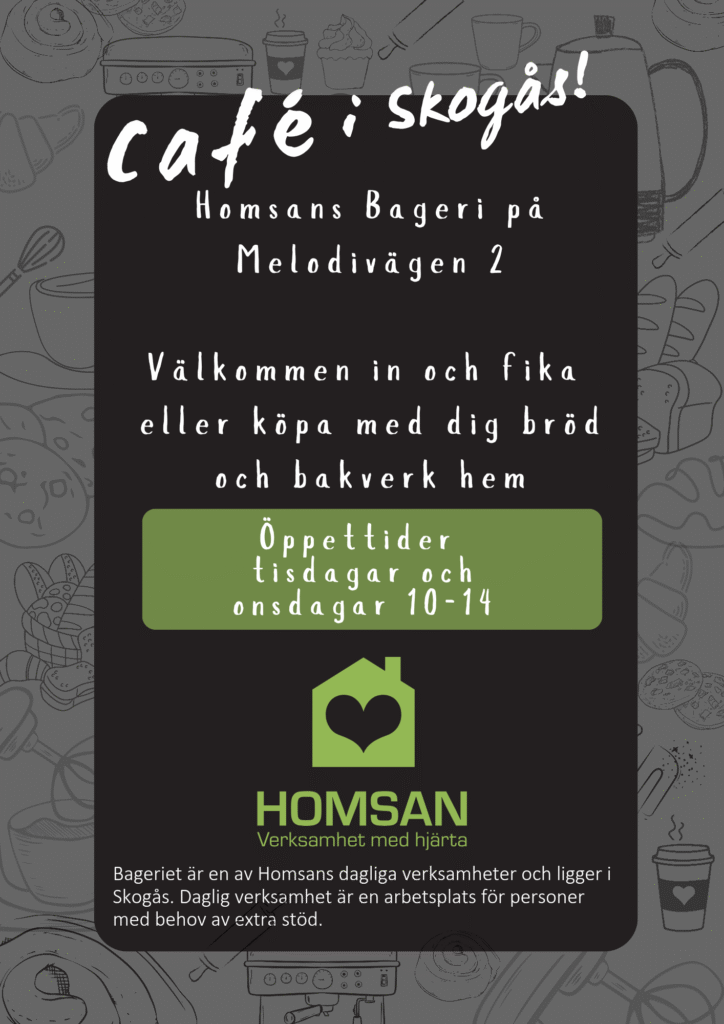 Flyer för café på daglig verksamhet Homsan Bageriet