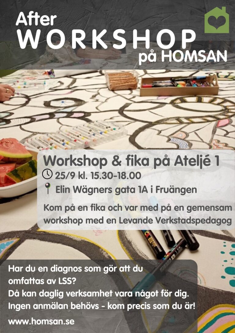 Inbjudan till workshop på Homsan Ateljé 1. Daglig verksamhet med konstinriktning i Stockholm